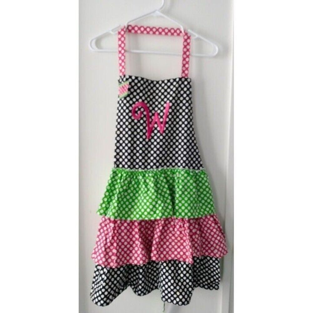 Mudpie "W" Initial Full Ruffle Multi-Colored Polka Dot Apron NWT